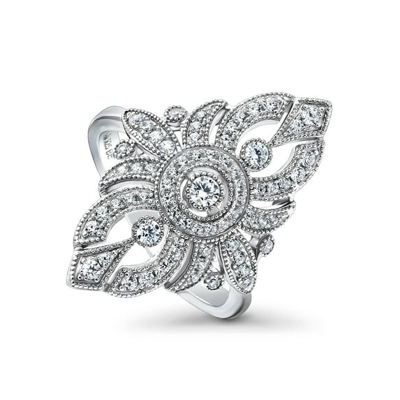 BERRICLE Sterling Silver Navette Cubic Zirconia CZ Statement Vintage Inspired Art Deco Cocktail Fashion Ring for Women, Rhodium Plated Size 6.5