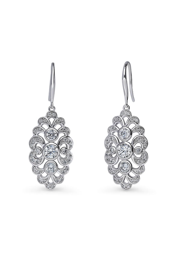 Sterling Silver Navette Cubic Zirconia CZ Vintage Inspired Art Deco Fish Hook Dangle Drop Earrings for Women, Rhodium Plated
