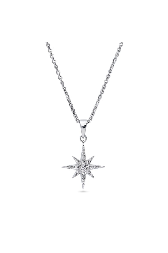 Sterling Silver North Star Cubic Zirconia CZ Fashion Pendant Necklace for Women 18 inch, Rhodium Plated