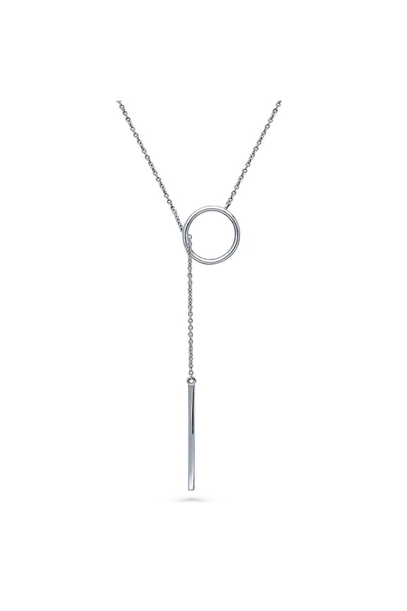 Sterling Silver Open Circle Bar Lariat Necklace for Women, Rhodium Plated 16 inch