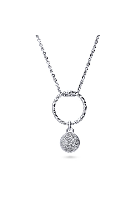 Sterling Silver Open Circle Cubic Zirconia CZ Cable Pendant Necklace for Women, Rhodium Plated 18 inch