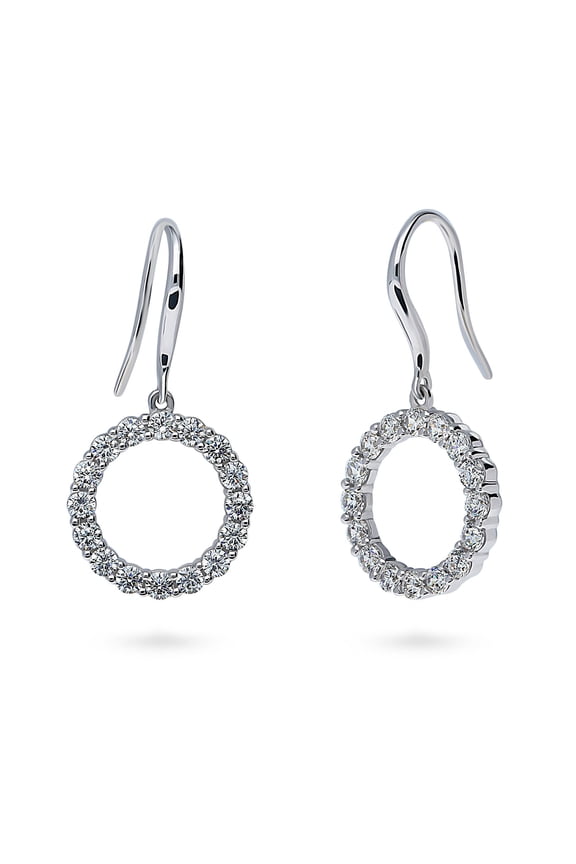 Sterling Silver Open Circle Cubic Zirconia CZ Fish Hook Dangle Drop Earrings for Women, Rhodium Plated