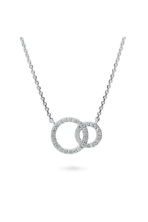 Sterling Silver Open Circle Cubic Zirconia CZ Interlocking Pendant Necklace for Women, Rhodium Plated 16 inch