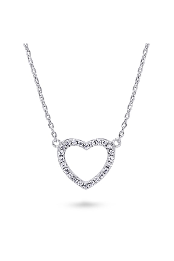 Sterling Silver Open Heart Cubic Zirconia CZ Fashion Pendant Necklace for Women 16 inch, Rhodium Plated