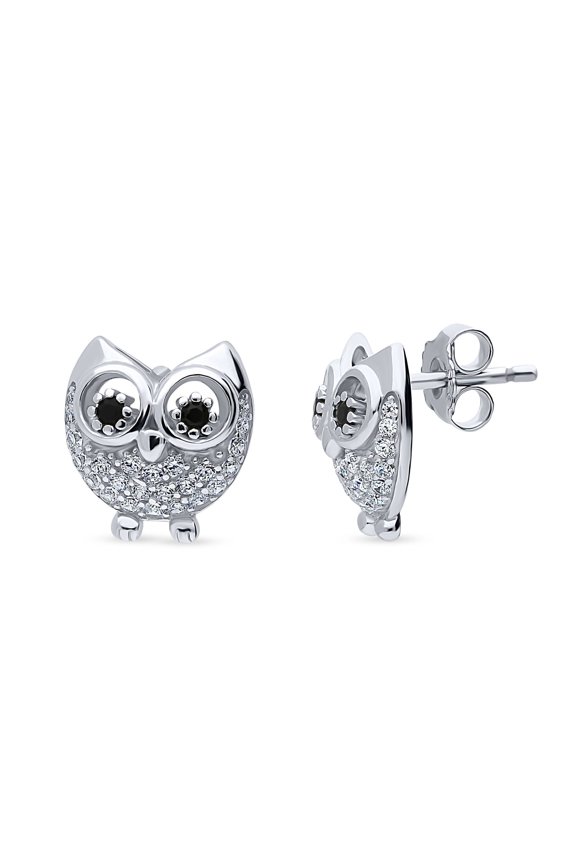 Sterling Silver Owl Cubic Zirconia CZ Fashion Stud Earrings for Women, Rhodium Plated