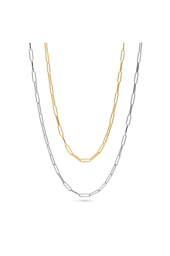 Sterling Silver Paperclip Fashion Chain Necklace for Women, Rhodium Plated and Yellow Gold Flashed, 2 Piece