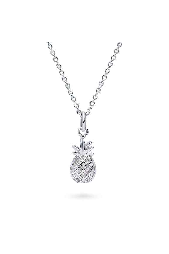 Sterling Silver Pineapple Cubic Zirconia CZ Fashion Pendant Necklace for Women 16 inch, Rhodium Plated
