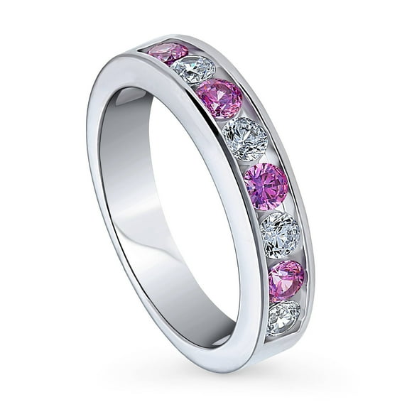 BERRICLE Sterling Silver Purple Channel Set Round Cut Cubic Zirconia CZ Stackable Fashion Anniversary Half Eternity Ring for Women, Rhodium Plated Size 5.5