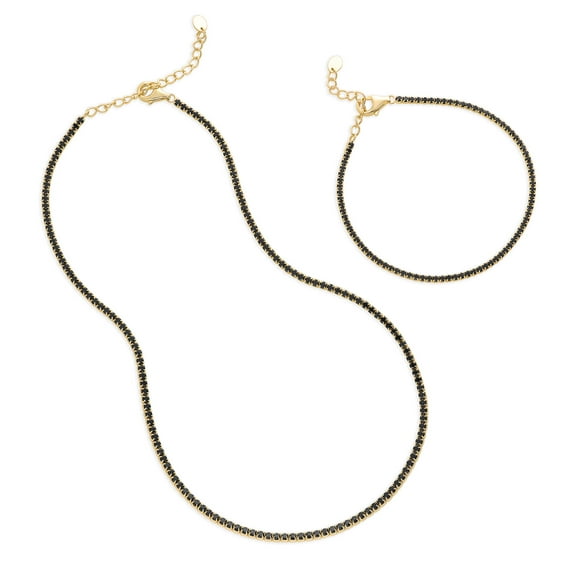 BERRICLE Sterling Silver Round Cut Cubic Zirconia CZ Fashion Choker Necklace and Tennis Bracelet Set for Women, Yellow Gold Flashed, Black