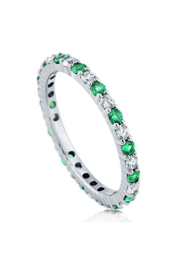 Sterling Silver Simulated Emerald Pave Set Round Cut Cubic Zirconia CZ Stackable Fashion Anniversary Eternity Ring for Women, Rhodium Plated Size 4.5