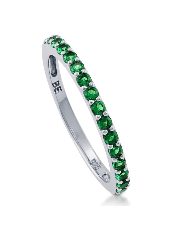 Sterling Silver Simulated Emerald Pave Set Round Cut Cubic Zirconia CZ Stackable Fashion Half Eternity Ring for Women, Rhodium Plated Size 4