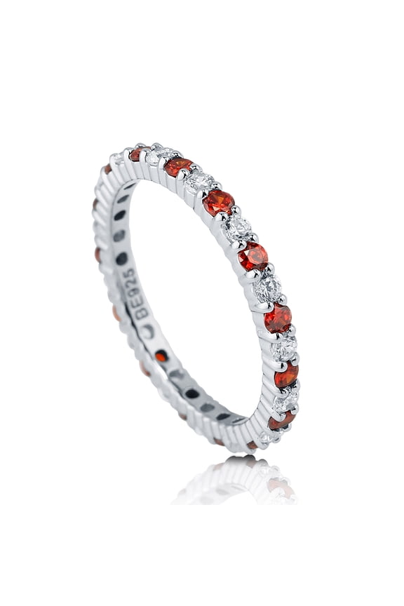 Sterling Silver Simulated Garnet Pave Set Round Cut Cubic Zirconia CZ Stackable Fashion Anniversary Eternity Ring for Women, Rhodium Plated Size 7