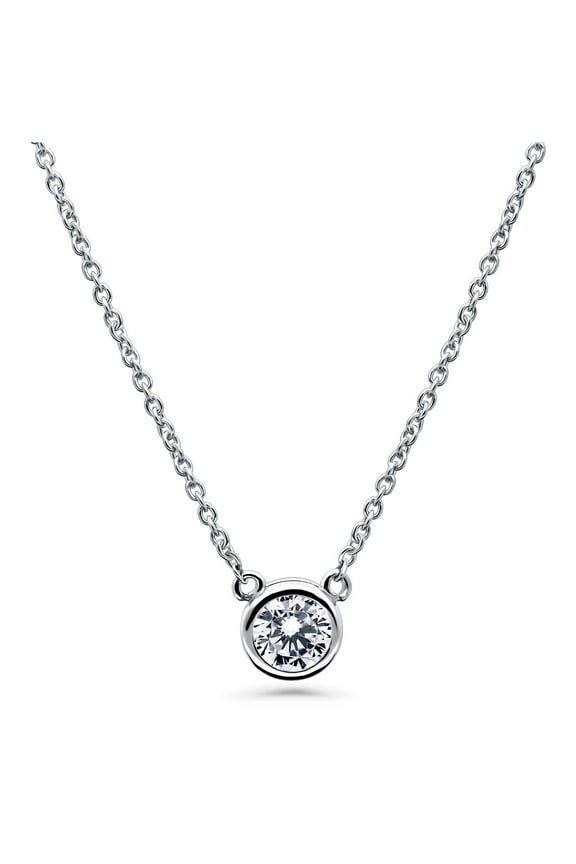 Sterling Silver Solitaire Wedding 0.45 Carat Bezel Set Round Cut Cubic Zirconia CZ Mini Anniversary Pendant Necklace for Women 16 inch, Rhodium Plated