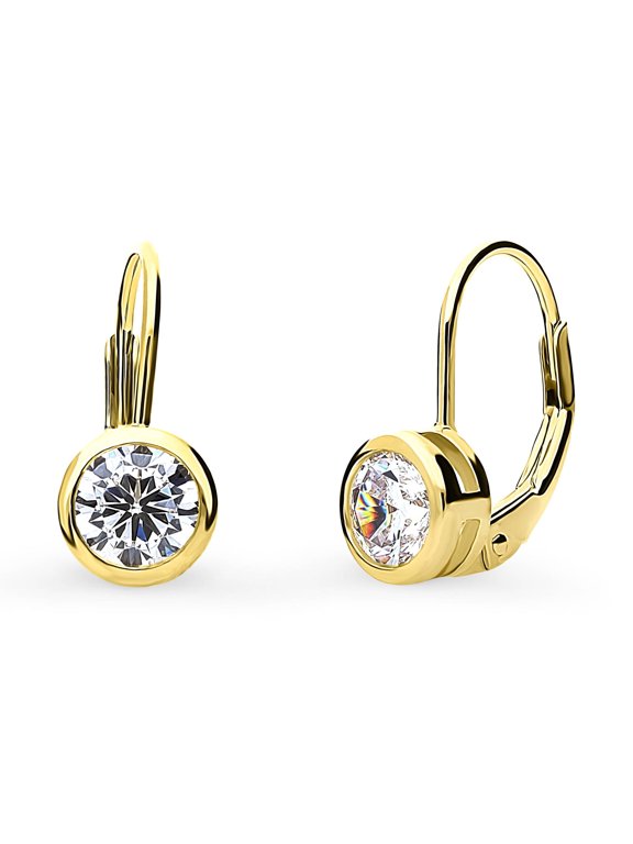 Sterling Silver Solitaire 1.2 Carat Bezel Set Round Cut Cubic Zirconia CZ Fashion Leverback Dangle Drop Earrings for Women, Yellow Gold Flashed