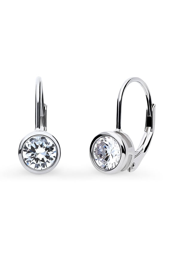 Sterling Silver Solitaire 1.2 Carat Bezel Set Round Cut Cubic Zirconia CZ Fashion Leverback Dangle Drop Earrings for Women, Rhodium Plated