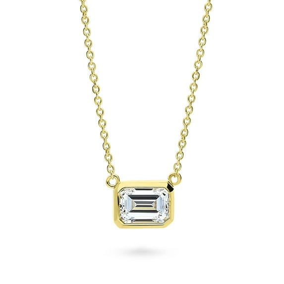 BERRICLE Sterling Silver Solitaire 1 Carat Bezel Set Emerald Cut Cubic Zirconia CZ East-West Anniversary Pendant Necklace for Women, Yellow Gold Flashed 16 inch