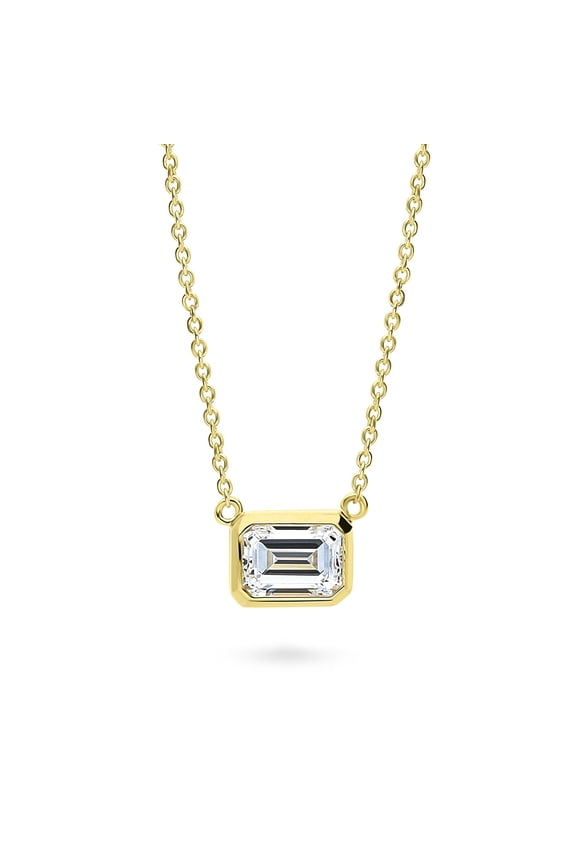 Sterling Silver Solitaire 1 Carat Bezel Set Emerald Cut Cubic Zirconia CZ East-West Anniversary Pendant Necklace for Women, Yellow Gold Flashed 16 inch