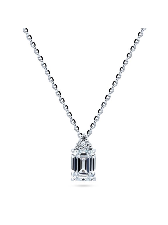 Sterling Silver Solitaire 2.1 Carat Emerald Cut Cubic Zirconia CZ Anniversary Pendant Necklace for Women, Rhodium Plated 18 inch
