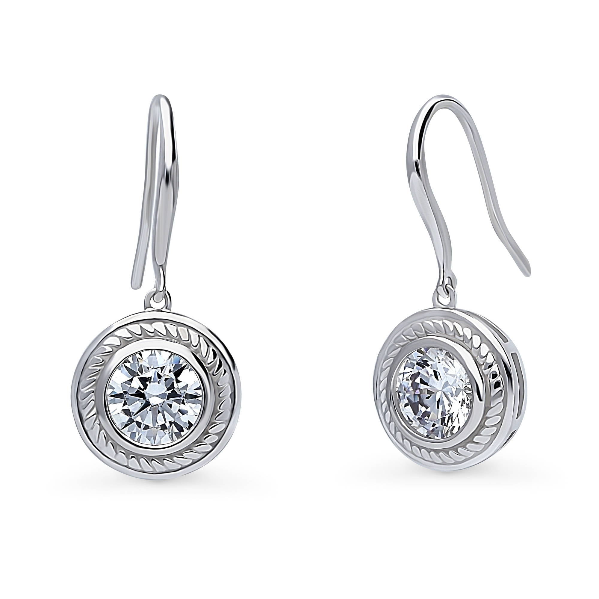 BERRICLE Sterling Silver Solitaire 2.5 Carat Bezel Set Round Cubic Zirconia  CZ Cable Anniversary Fish Hook Dangle Drop Earrings for Women, Rhodium  Plated 