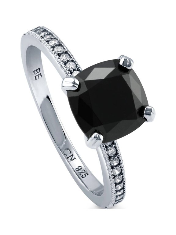 Sterling Silver Solitaire 3 Carat Black Cushion Cut Cubic Zirconia CZ Fashion Ring for Women, Rhodium Plated Size 5