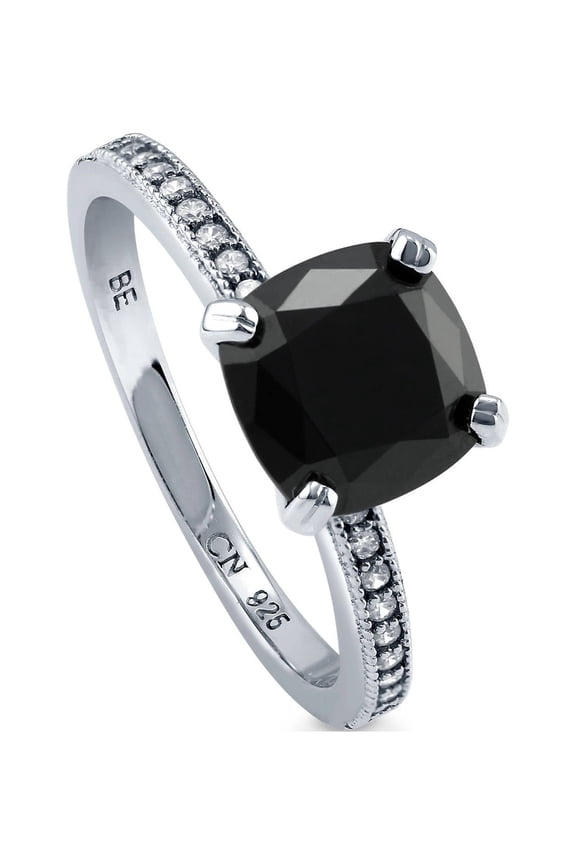 Sterling Silver Solitaire 3 Carat Black Cushion Cut Cubic Zirconia CZ Fashion Ring for Women, Rhodium Plated Size 8