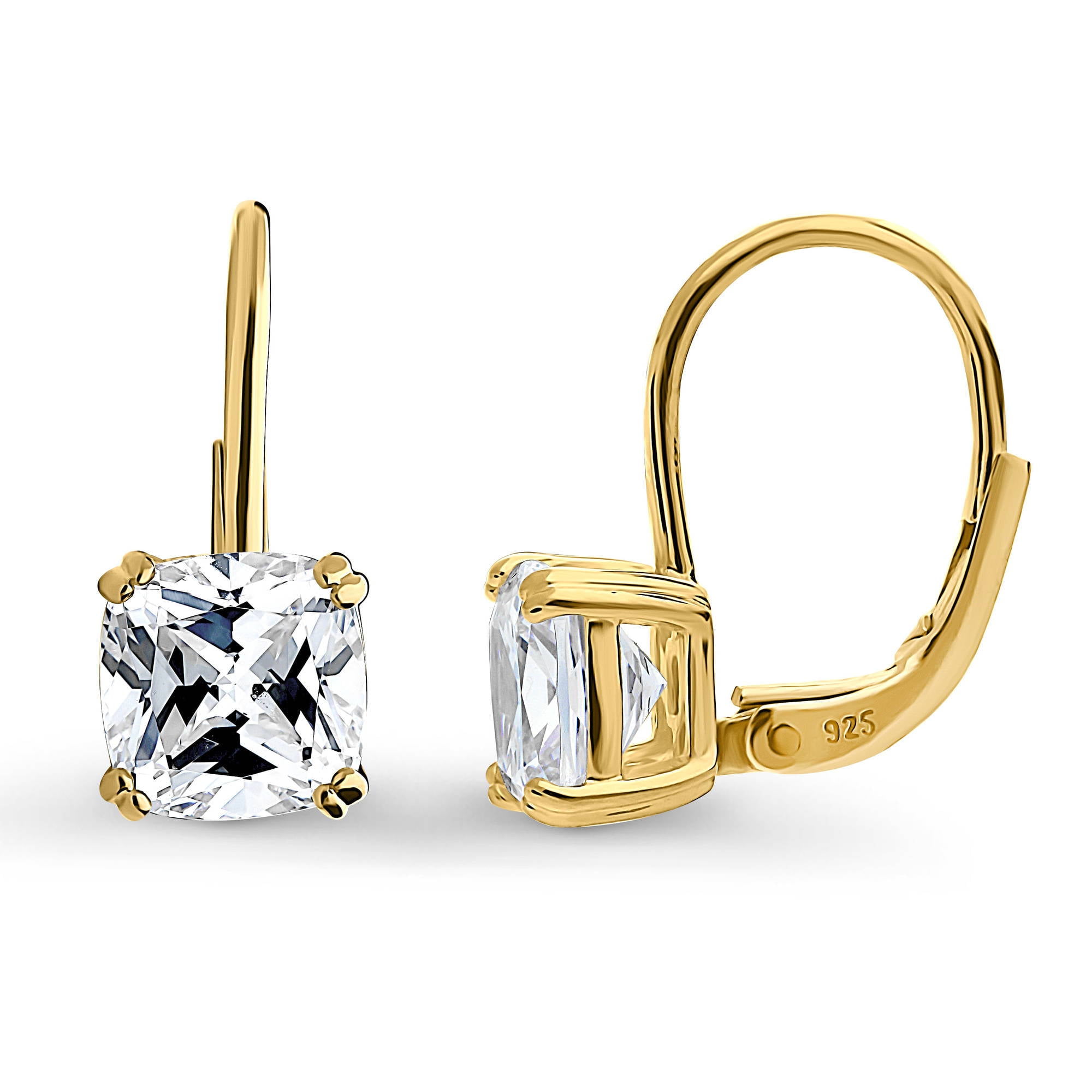 BERRICLE Sterling Silver Solitaire 4 Carat Cushion Cut Cubic Zirconia CZ Fashion Leverback Dangle Drop Earrings for Women, Yellow Gold Flashed