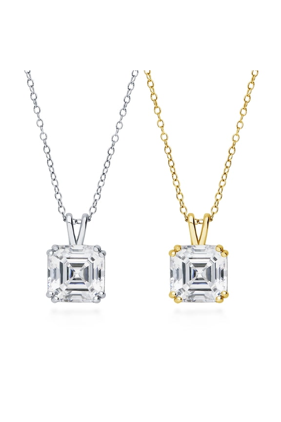 Sterling Silver Solitaire Asscher Cut Cubic Zirconia CZ Anniversary Pendant Necklace for Women, Rhodium Plated and Yellow Gold Flashed 6 Carat, 2 Piece