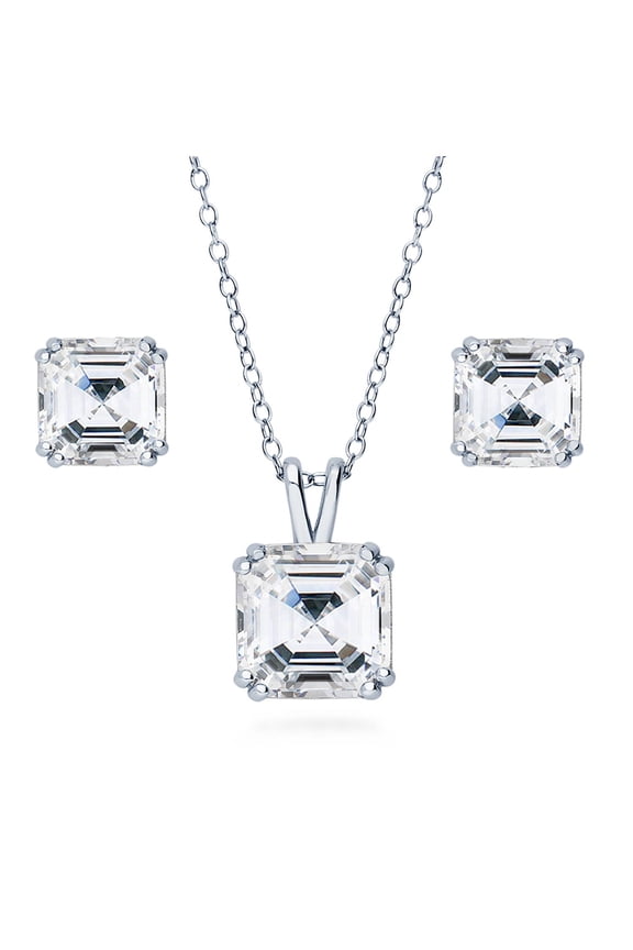 Sterling Silver Solitaire Asscher Cut Cubic Zirconia CZ Fashion Necklace and Earrings Set for Women, Rhodium Plated