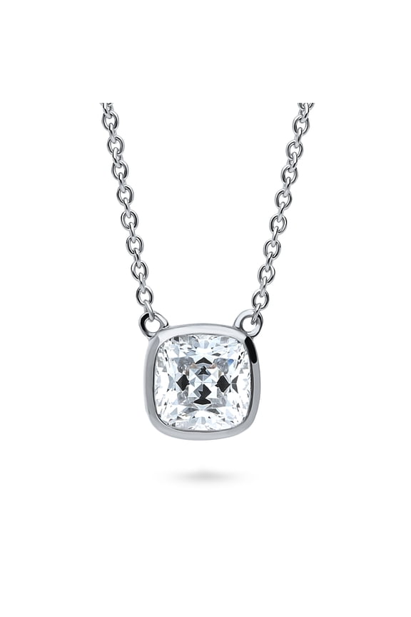 Sterling Silver Solitaire Bezel Set Cushion Cut Cubic Zirconia CZ Anniversary Pendant Necklace for Women, Rhodium Plated 1.25 Carat 16 inch