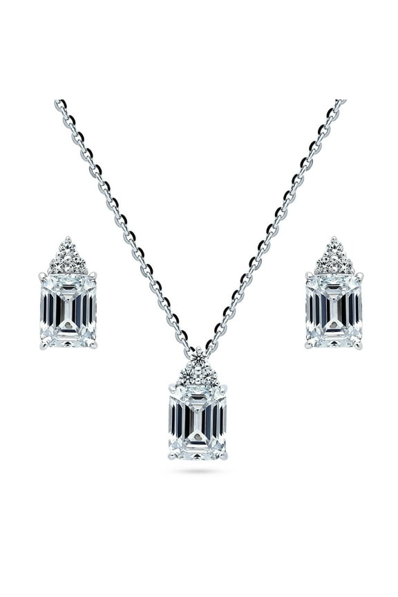 Sterling Silver Solitaire Emerald Cut Cubic Zirconia CZ Fashion Necklace and Earrings Set for Women, Rhodium Plated
