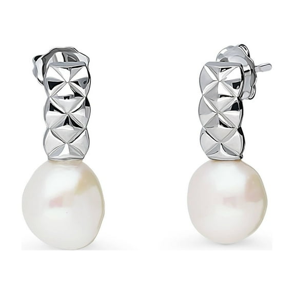 BERRICLE Sterling Silver Solitaire Irregular Freshwater Cultured Pearl Fashion Stud Earrings for Women, Rhodium Plated