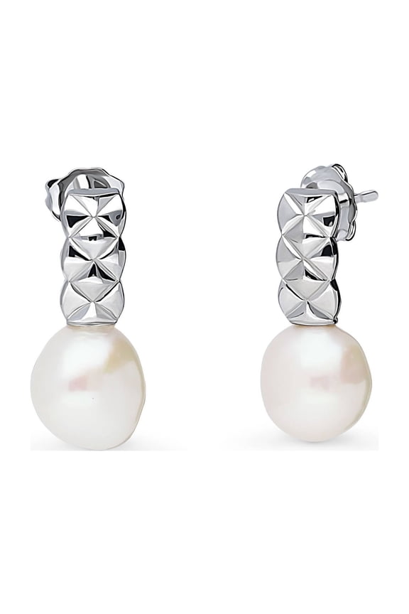 Sterling Silver Solitaire Irregular Freshwater Cultured Pearl Fashion Stud Earrings for Women, Rhodium Plated