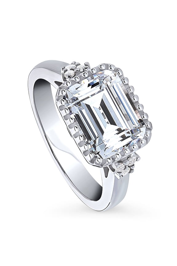 Sterling Silver Solitaire Milgrain Bezel Set Emerald Cut Cubic Zirconia CZ Statement Milgrain Cocktail Fashion Ring for Women, Rhodium Plated 3.8 Carat Size 9