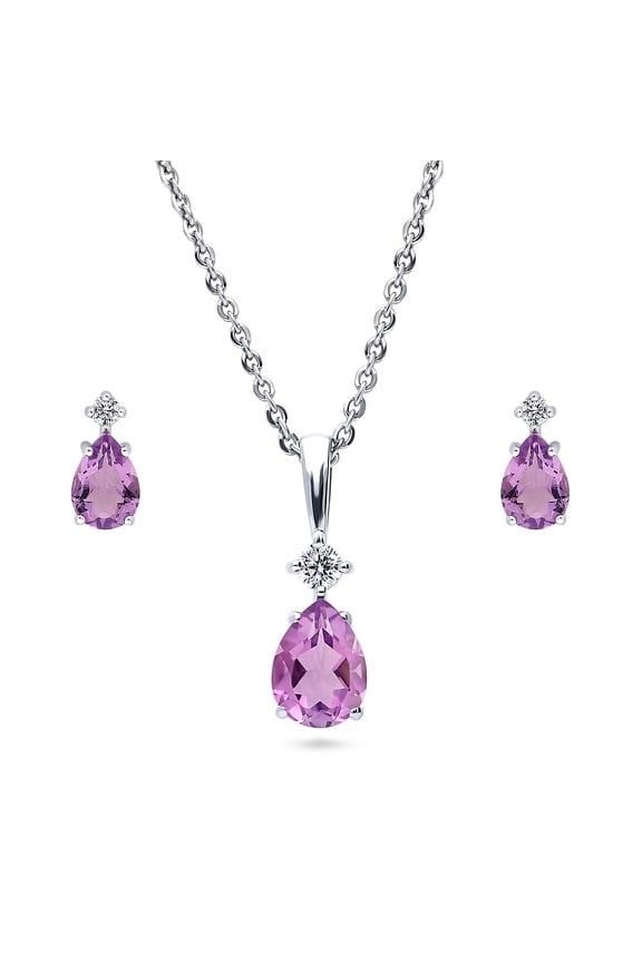 Sterling Silver Solitaire Pear Cut Cubic Zirconia CZ 2-Stone Fashion Necklace and Earrings Set for Women, Rhodium Plated, Purple