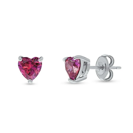 BERRICLE Sterling Silver Solitaire Red Heart Shaped Cubic Zirconia CZ Heart Anniversary Stud Earrings for Women, Rhodium Plated 1.4 Carat