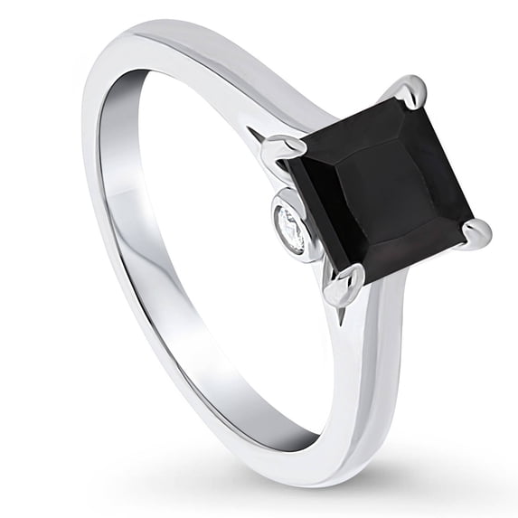 BERRICLE Sterling Silver Solitaire Rings Black Princess Cut Cubic Zirconia CZ Promise Ring for Women, Rhodium Plated 1.2 Carat Size 10