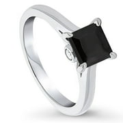 BERRICLE Sterling Silver Solitaire Rings Black Princess Cut Cubic Zirconia CZ Promise Ring for Women, Rhodium Plated 1.2 Carat Size 7.5