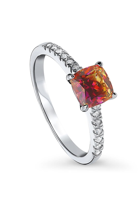 Sterling Silver Solitaire Rings Red Orange Cushion Cut Cubic Zirconia CZ Kaleidoscope Promise Ring for Women, Rhodium Plated 1.25 Carat Size 4