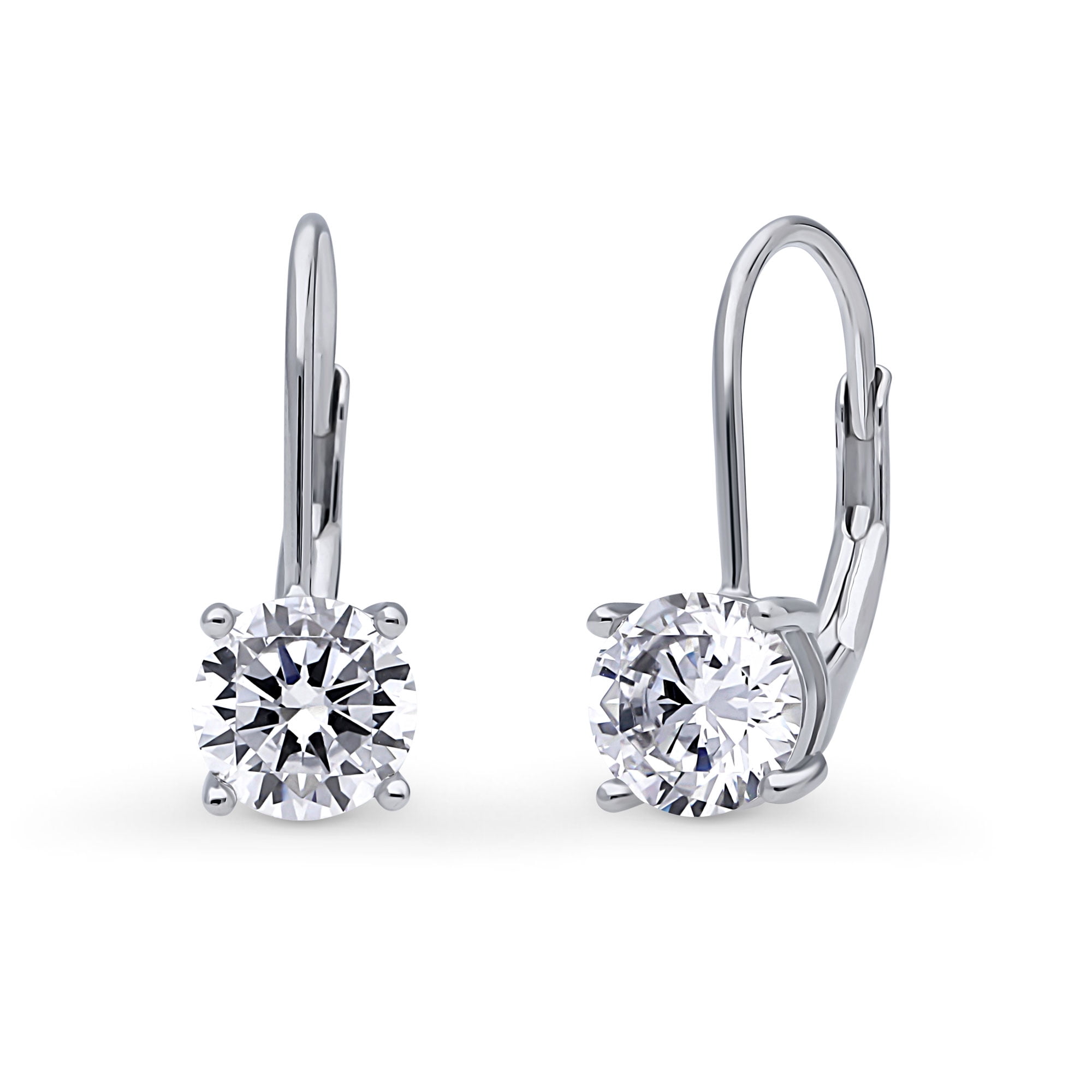 BERRICLE Sterling Silver Solitaire Round Cut Cubic Zirconia CZ Fashion Leverback Dangle Drop Earrings for Women, Rhodium Plated, 6mm