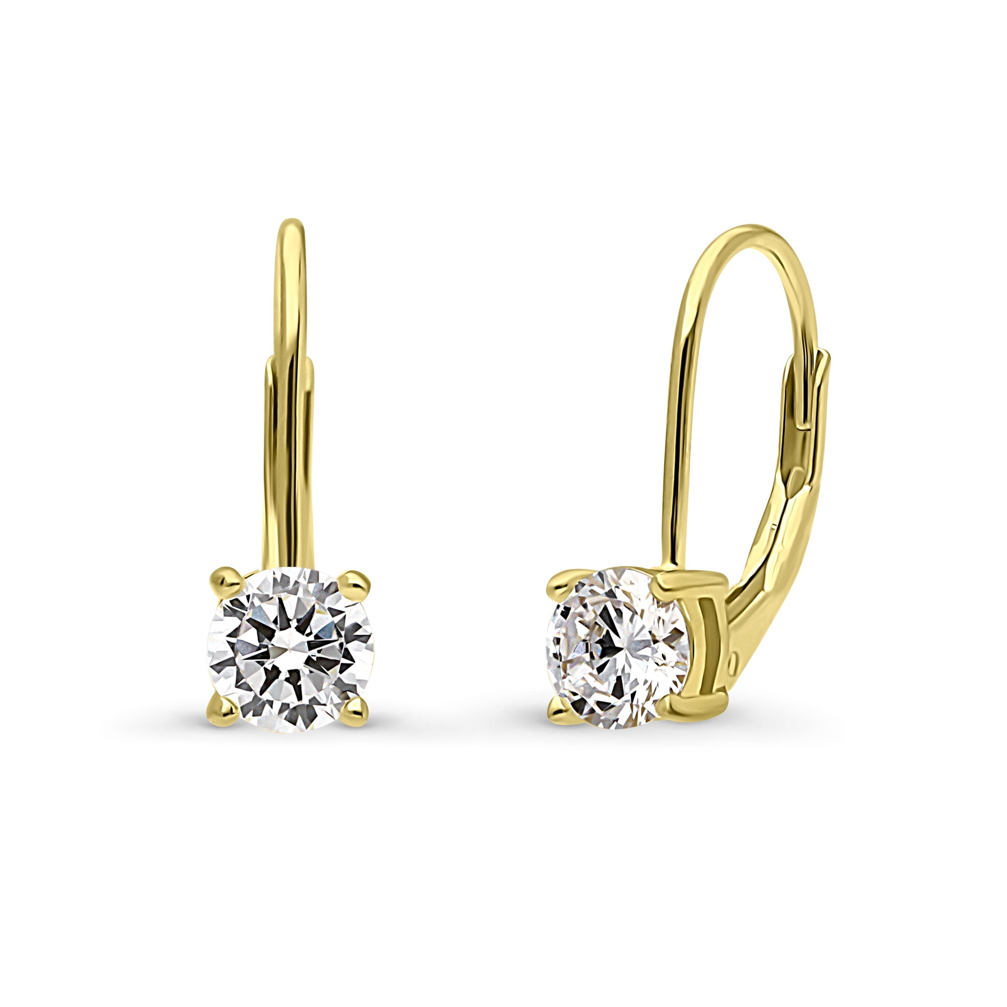 BERRICLE Sterling Silver Solitaire Round Cut Cubic Zirconia CZ Fashion Leverback Dangle Drop Earrings for Women, Yellow Gold Flashed, 5mm