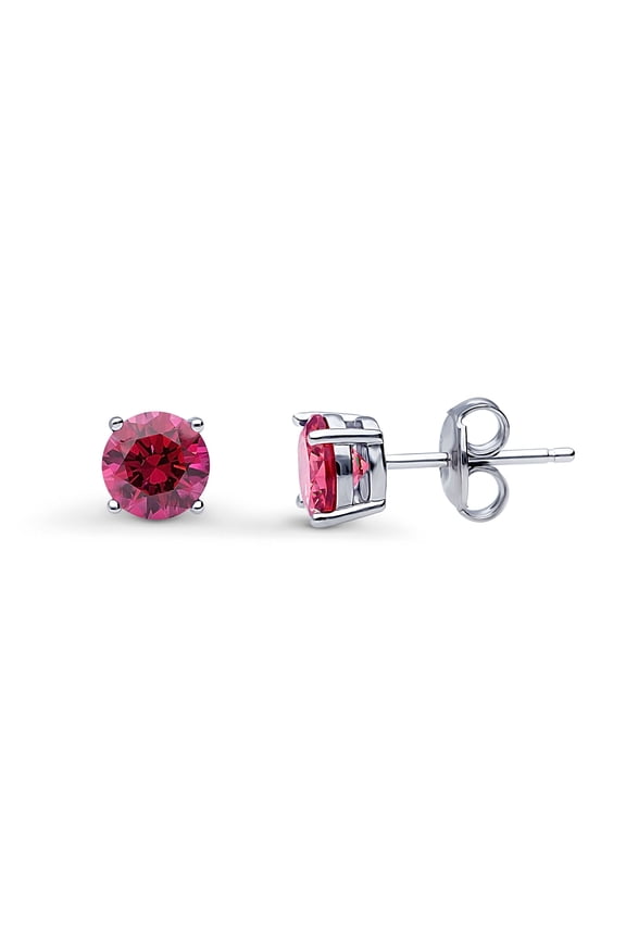 Sterling Silver Solitaire Round Cut Cubic Zirconia CZ Fashion Stud Earrings for Women, Rhodium Plated 1.6 Carat, Ruby