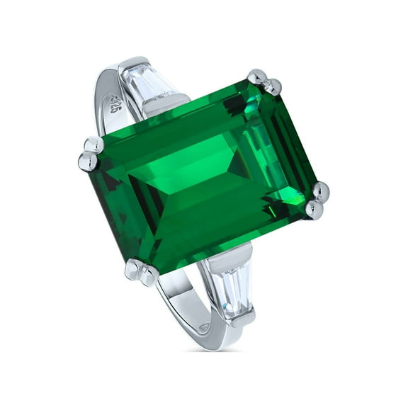BERRICLE Sterling Silver Solitaire Simulated Emerald Emerald Cut Cubic Zirconia CZ Statement Cocktail Fashion Ring for Women, Rhodium Plated 8.5 Carat Size 6