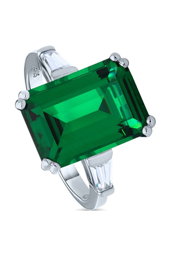 Sterling Silver Solitaire Simulated Emerald Emerald Cut Cubic Zirconia CZ Statement Cocktail Fashion Ring for Women, Rhodium Plated 8.5 Carat Size 6