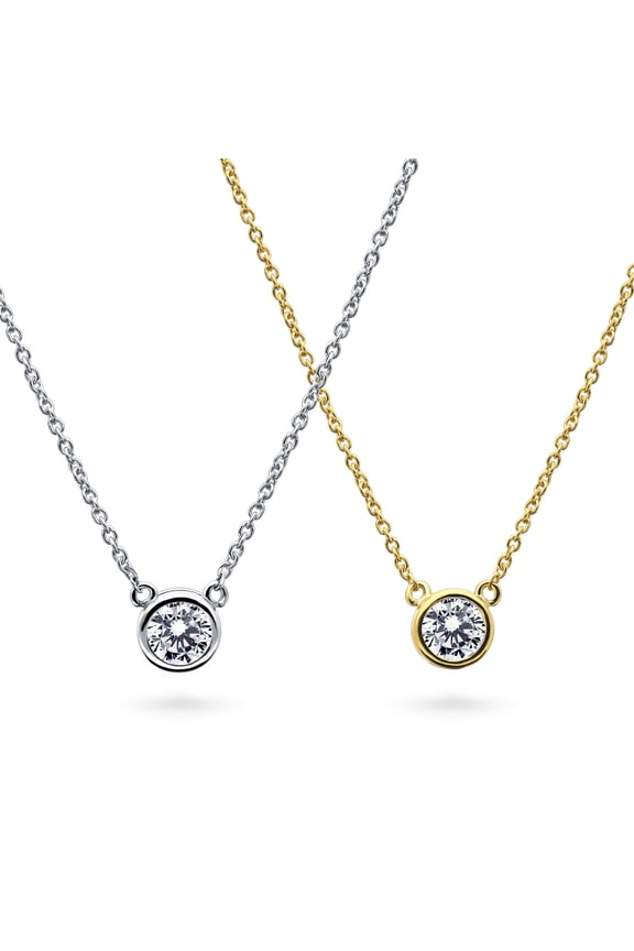 Sterling Silver Solitaire Wedding 0.9 Carat Bezel Set Round Cut Cubic Zirconia CZ Anniversary Pendant Necklace for Women, Rhodium Plated and Yellow Gold Flashed, 2 Piece Set