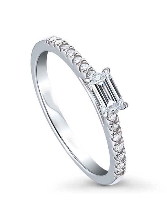 Sterling Silver Solitaire Wedding Engagement Rings 0.3 Carat Emerald Cut Cubic Zirconia CZ East-West Promise Ring for Women, Rhodium Plated Size 4