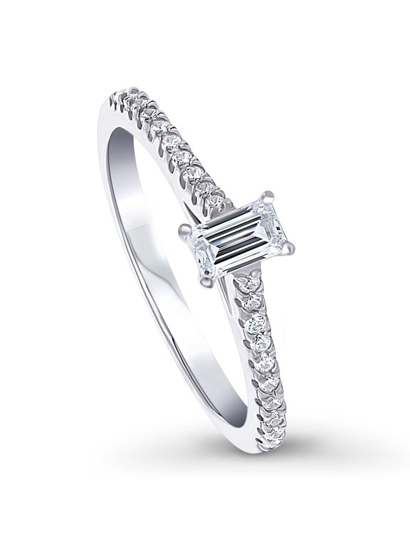 Sterling Silver Solitaire Wedding Engagement Rings 0.3 Carat Emerald Cut Cubic Zirconia CZ Promise Ring for Women, Rhodium Plated Size 9