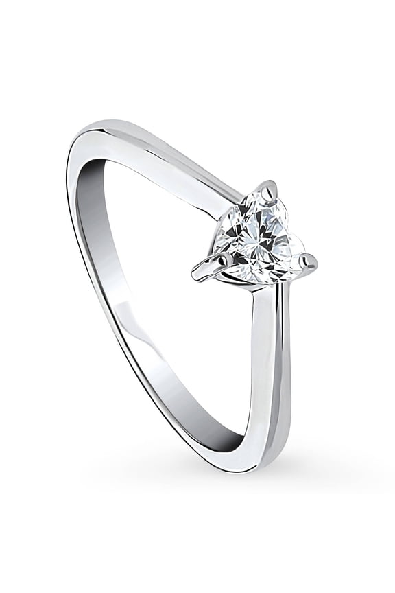 Sterling Silver Solitaire Wedding Engagement Rings 0.4 Carat Heart Shaped Cubic Zirconia CZ Heart Ring for Women, Rhodium Plated Size 7