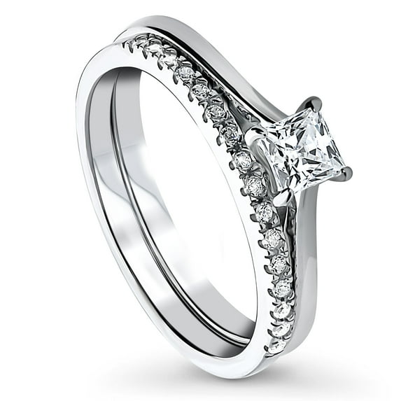 BERRICLE Sterling Silver Solitaire Wedding Engagement Rings 0.4 Carat Princess Cut Cubic Zirconia CZ Ring Set for Women, Rhodium Plated Size 7