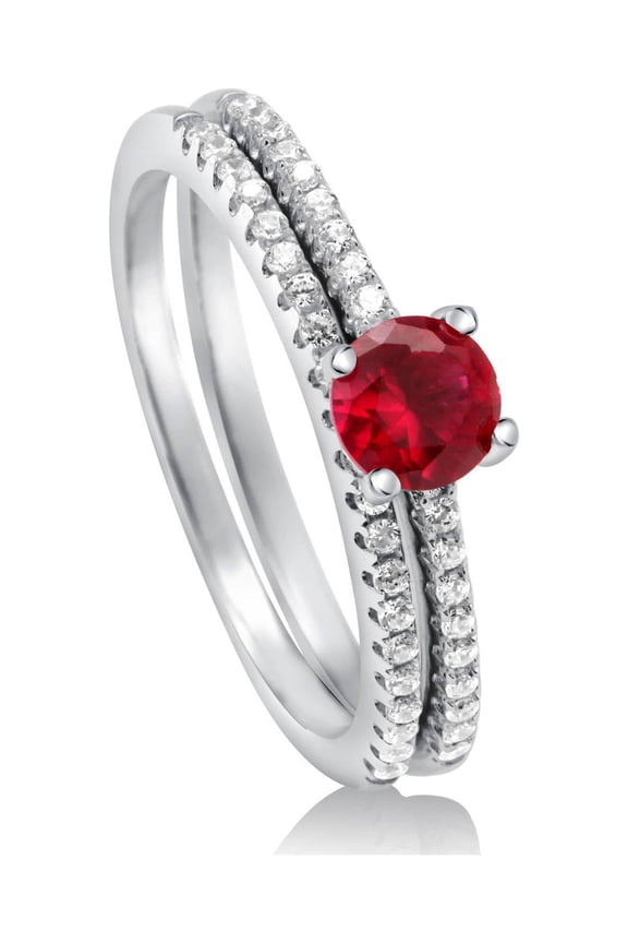 Sterling Silver Solitaire Wedding Engagement Rings 0.45 Carat Simulated Ruby Round Cut Cubic Zirconia CZ Ring Set for Women, Rhodium Plated Size 5
