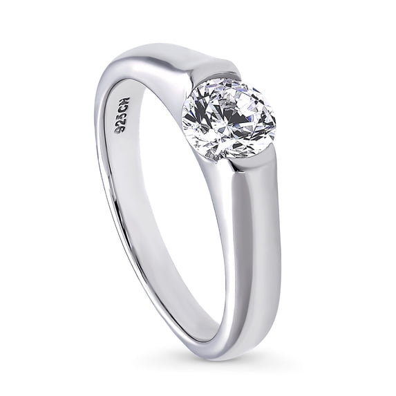 BERRICLE Sterling Silver Solitaire Wedding Engagement Rings 0.8 Carat Half Bezel Set Round Cut Cubic Zirconia CZ Ring for Women, Rhodium Plated Size 4